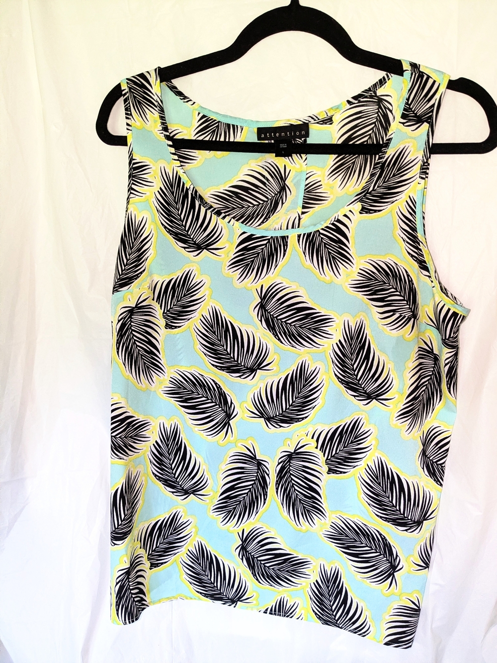 attention Black Feather-Print Tank Top on Light Blue